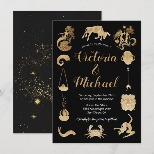 Celestial Zodiac Signs Wedding Invitation Kaart (Voorkant / Achterkant)