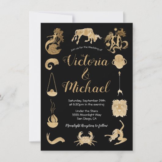 Celestial Zodiac Signs Wedding Invitation Kaart (Voorkant)