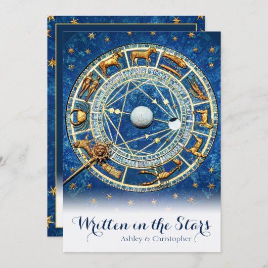 Celestial Zodiac Sky Navy Blue Gold Stars Wedding Kaart (Voorkant / Achterkant)