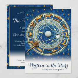Celestial Zodiac Sky Navy Blue Gold Stars Wedding Kaart