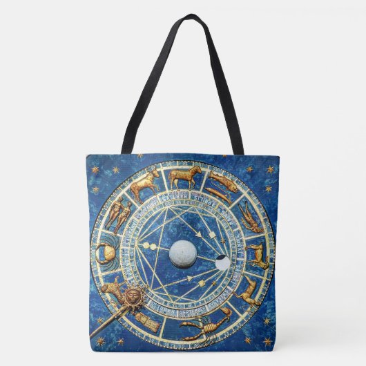 Celestial Zodiac Wheel Astrologie Blauw Goud Tote Bag (Voorkant)