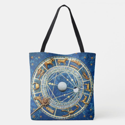 Celestial Zodiac Wheel  Astrologie Blauw Goud Tote Bag (Achterkant)
