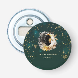 Celestial zon en maan bloemen sterren groen button flesopener