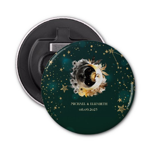 Celestial zon en maan bloemen sterren groen button flesopener (Voorkant)