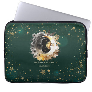 Celestial zon en maan bloemen sterren groen laptop sleeve