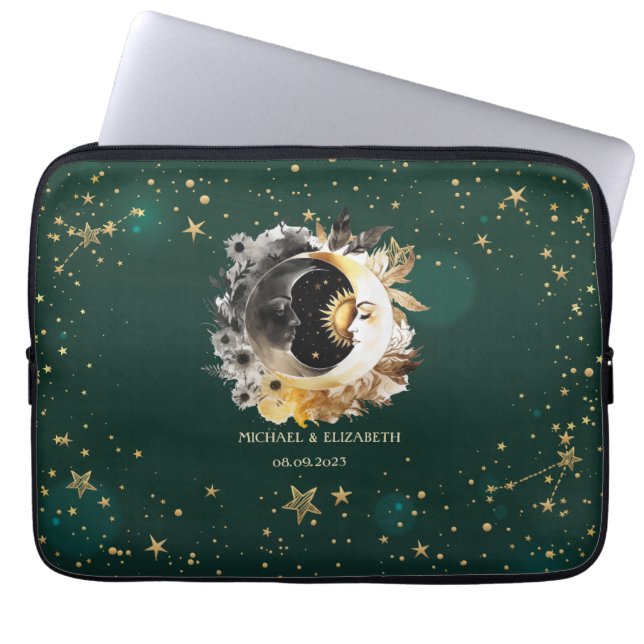 Celestial zon en maan bloemen sterren groen laptop sleeve (Voorkant)