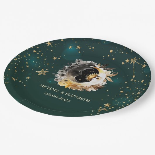 Celestial zon en maan bloemen sterren groen papieren bordje (Gekanteld)