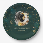 Celestial zon en maan bloemen sterren groen papieren bordje (Voorkant)