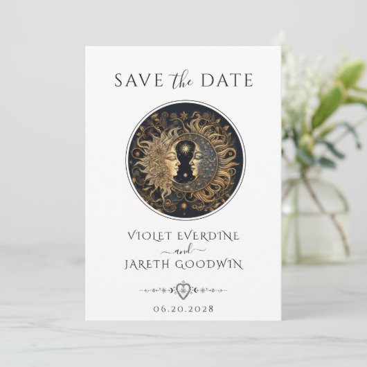 Celestial zon maan sterren bruiloft Save the date Kaart (Staand voorkant)