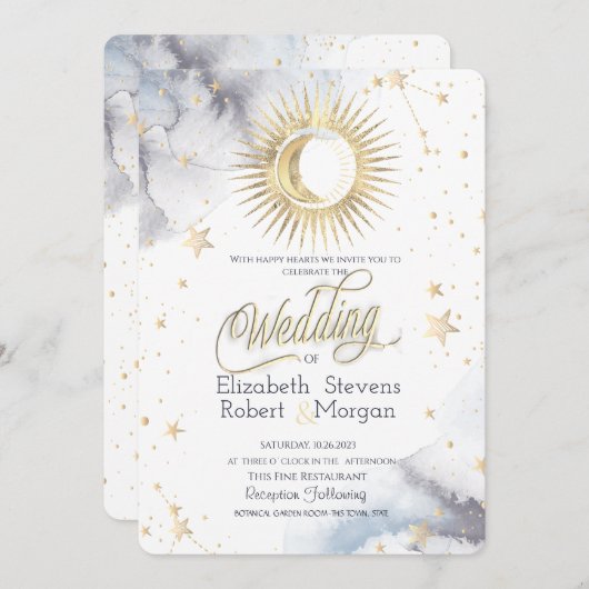 Celestial zon, maan, sterren chique bruiloft kaart (Voorkant / Achterkant)