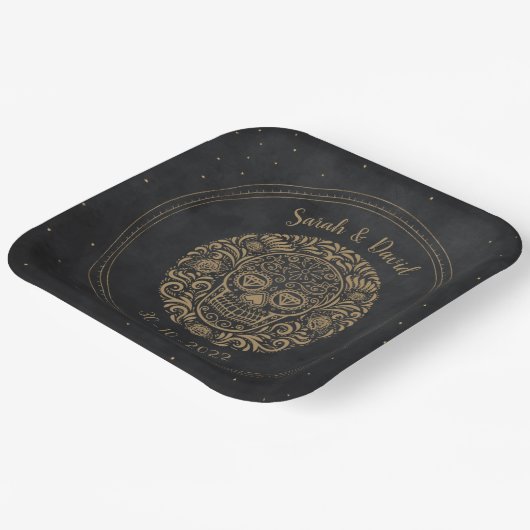 Celestial Zwart Goud Bloemen Schedel Gotische Hall Papieren Bordje (Gebogen)