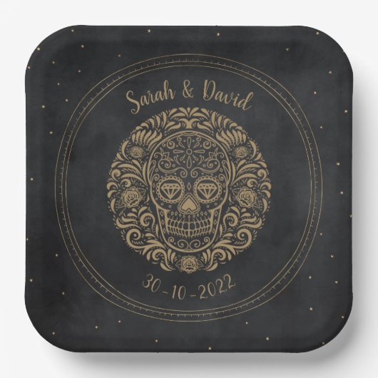 Celestial Zwart Goud Bloemen Schedel Gotische Hall Papieren Bordje (Voorkant)