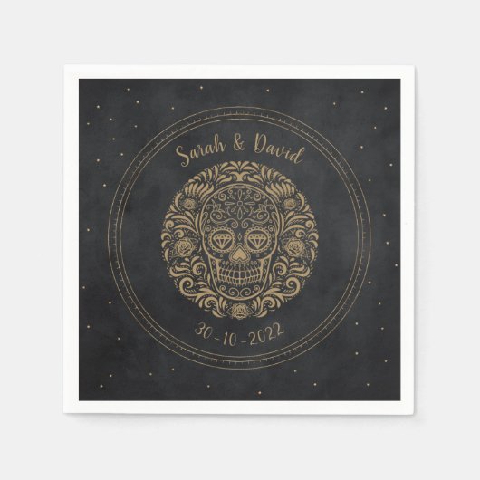 Celestial Zwart Goud Bloemen Schedel Gotische Hall Servet (Voorkant)