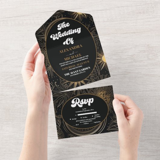 Celestial Zwart Goud Bruiloft All In One Uitnodiging (Afscheurbaar)