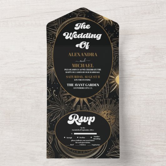 Celestial Zwart Goud Bruiloft All In One Uitnodiging (Binnen)