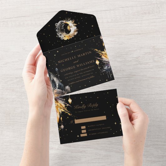 Celestial Zwart Goud Bruiloft Alles In Een Uitnodi All In One Uitnodiging (Afscheurbaar)