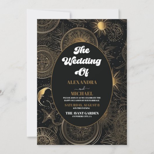 Celestial Zwart Goud Bruiloft Kaart (Voorkant)