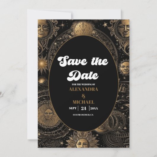 Celestial Zwart Goud Bruiloft Save The Date (Voorkant)