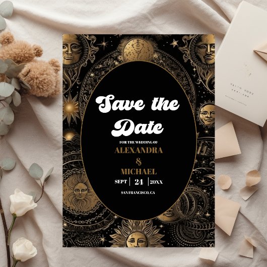 Celestial Zwart Goud Bruiloft Save The Date