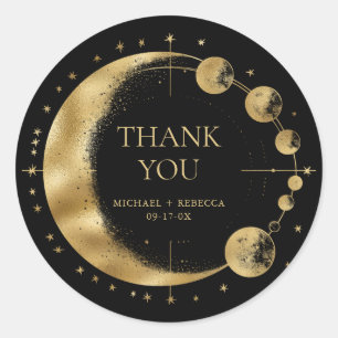 Celestial Zwart Goud Maan Phases Bruiloft Dank u Ronde Sticker