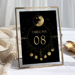 Celestial Zwart Goud Maan Phases Bruiloft Kaart<br><div class="desc">Elegant huwelijkstafelnummer met een prachtige illustratie met maanfasen en moderne typografie.</div>