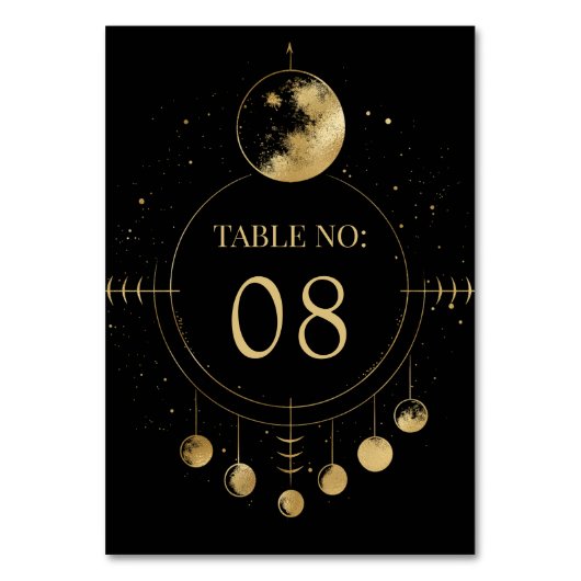 Celestial Zwart Goud Maan Phases Bruiloft Kaart (Voorkant)