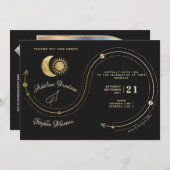 Celestial Zwart Goud Zon Maan Crest RSVP QR Code Kaart (Voorkant / Achterkant)