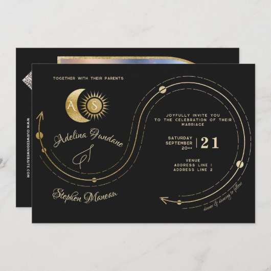 Celestial Zwart Goud Zon Maan Crest RSVP QR Code Kaart (Voorkant / Achterkant)