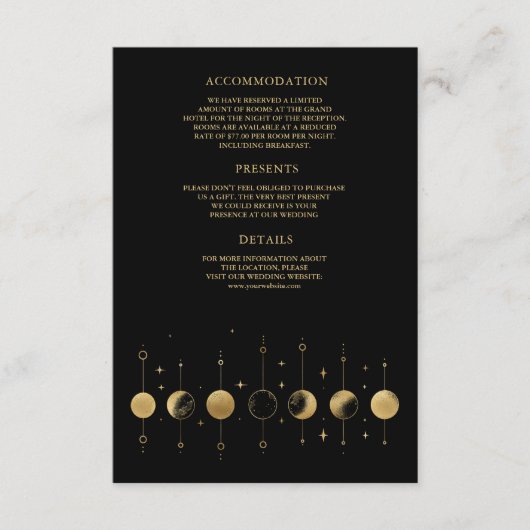 Celestial zwart gouden halve maan fasen bruiloft informatiekaartje (Voorkant)