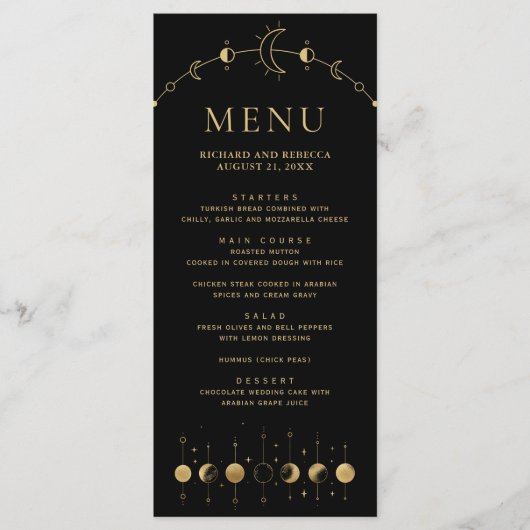 Celestial zwart gouden halve maan fasen bruiloft menu (Voorkant)