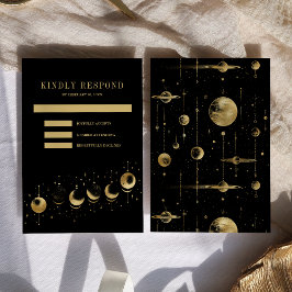 Celestial zwart gouden halve maan fasen bruiloft RSVP kaartje