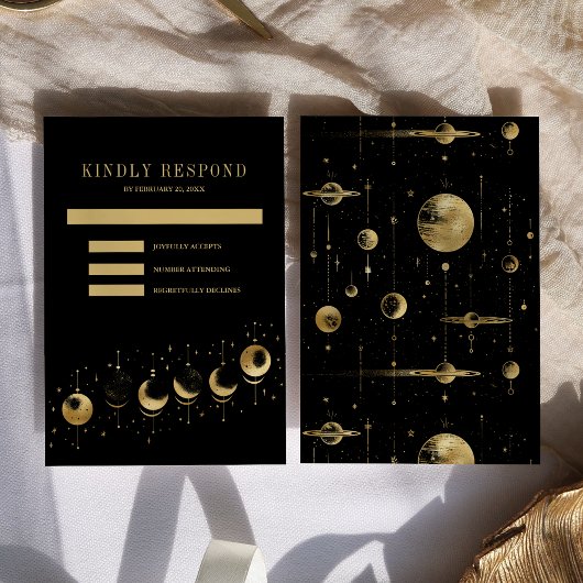 Celestial zwart gouden halve maan fasen bruiloft RSVP kaartje