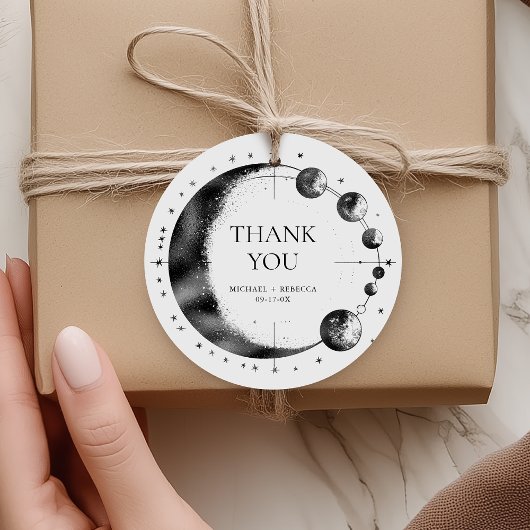 Celestial zwart wit maan fase bruiloft dank u bedankjes labels