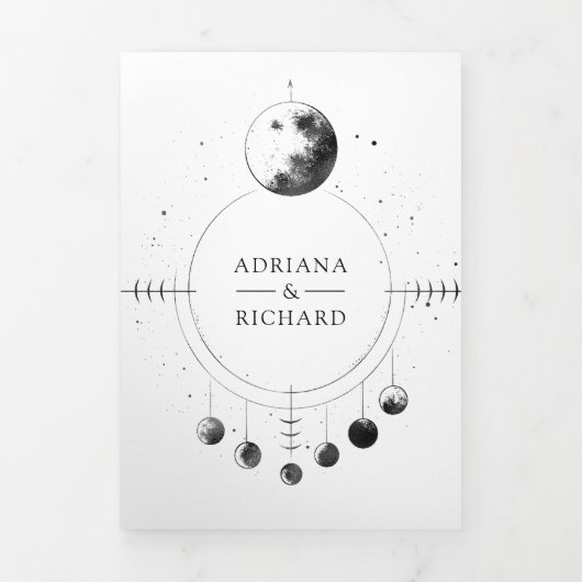 Celestial zwart witte halve maan fasen bruiloft drieluik uitnodiging (Cover)