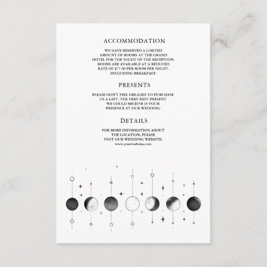 Celestial zwart witte halve maan fasen bruiloft informatiekaartje (Voorkant)