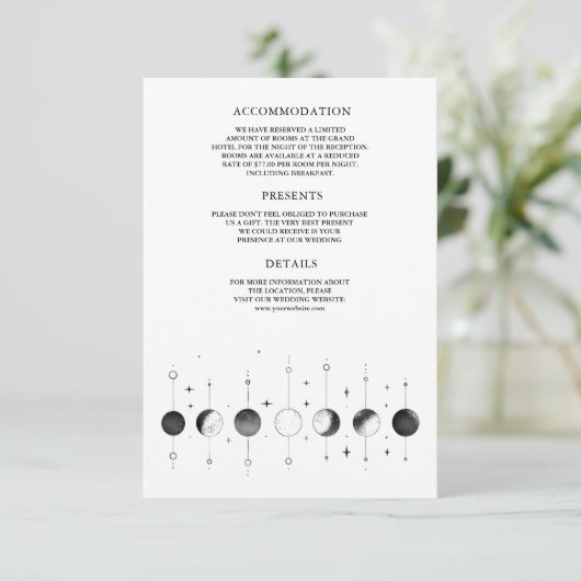 Celestial zwart witte halve maan fasen bruiloft informatiekaartje (Staand voorkant)