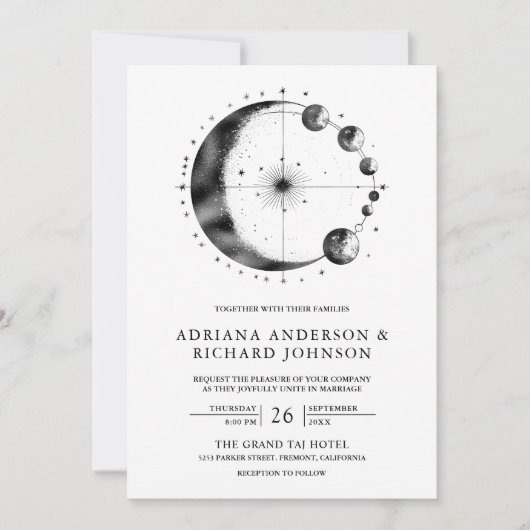 Celestial zwart witte halve maan fasen bruiloft kaart (Voorkant)