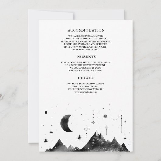 Celestial zwart witte halve maan fasen bruiloft kaart (Achterkant)