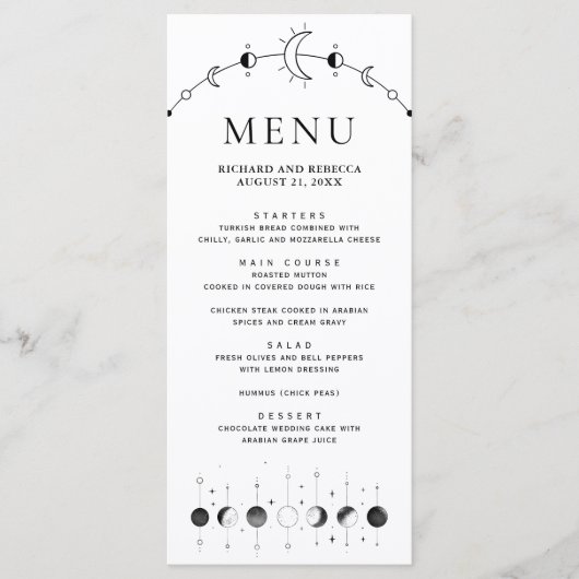 Celestial zwart witte halve maan fasen bruiloft menu (Voorkant)