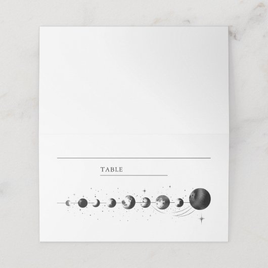 Celestial zwart witte halve maan fasen bruiloft plaatskaartje (Buitenkant ongevouwen)