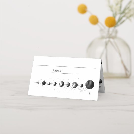 Celestial zwart witte halve maan fasen bruiloft plaatskaartje (Voorkant)
