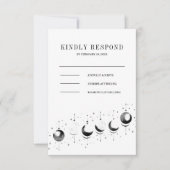 Celestial zwart witte halve maan fasen bruiloft RSVP kaartje (Voorkant)