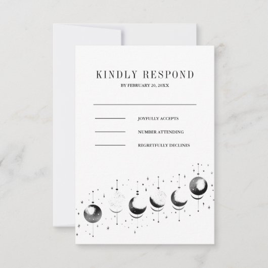 Celestial zwart witte halve maan fasen bruiloft RSVP kaartje (Voorkant)