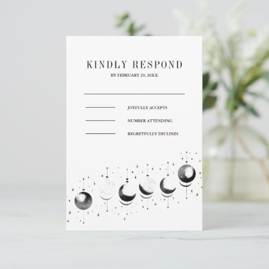 Celestial zwart witte halve maan fasen bruiloft RSVP kaartje (Staand voorkant)