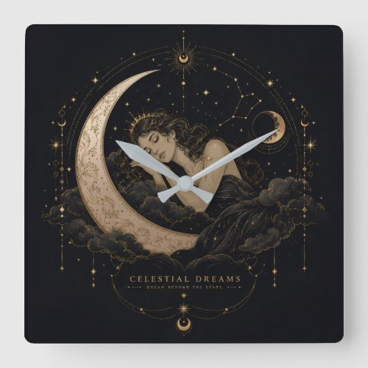 Celestiale Droom Luxe Maan & Sterren Wandklok (Voorkant)