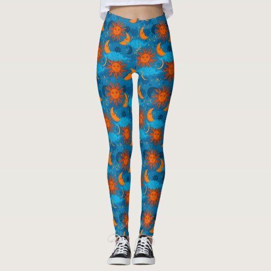 Celestiale sterren Sun Moon Clouds Night Sky Blue Leggings (Voorkant)