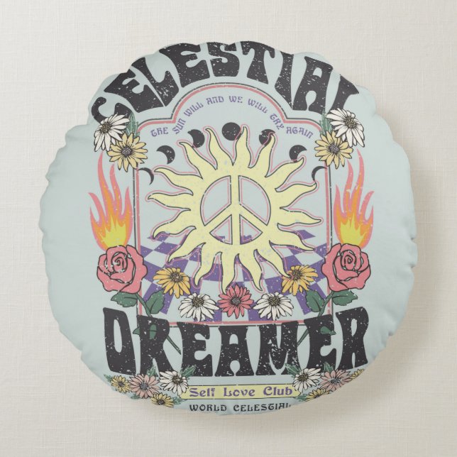 CELESTIEEL DREAMER SUN ROOS TSHIRT grafisch ONTWER Rond Kussen (Voorkant)