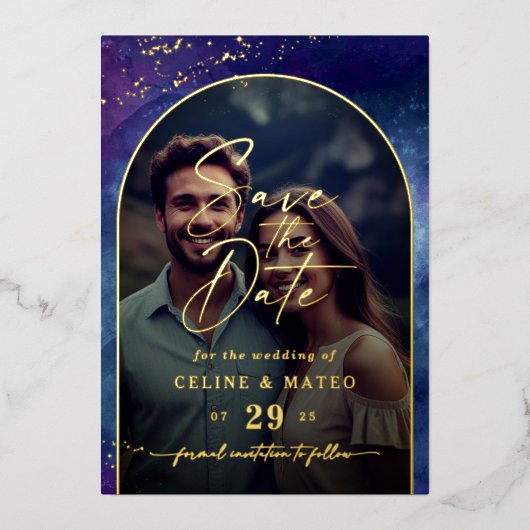 Celine · Celestial Sla de datum op met echt goud Folie Uitnodiging (Voorkant)