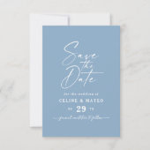 Celine · Eenvoudige Solid Stellar Sky Blue Wedding Save The Date (Voorkant)