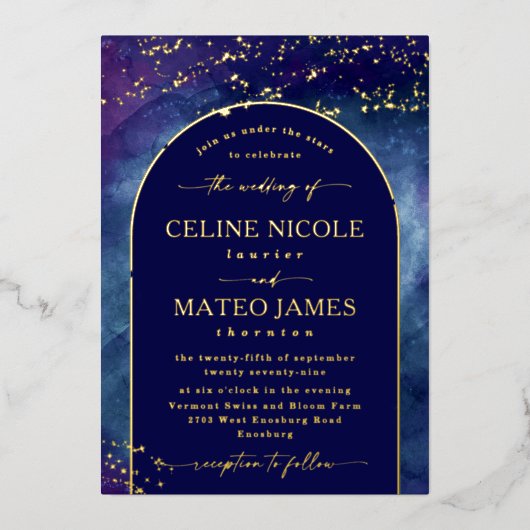Celine · Elegante Night Sky Arch Wedding Echt Goud Folie Uitnodiging (Voorkant)